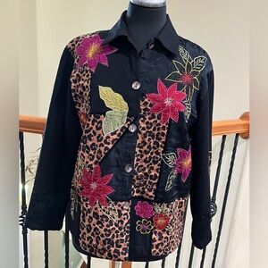 WEST END EMBROIDERED AND BEADED Floral Patchwork Jacket with Leopard Print: